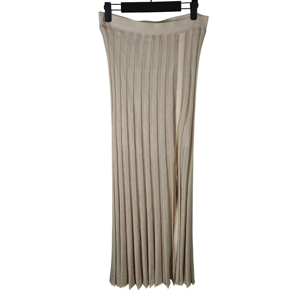 House of Harlow 1960 Womens Pleated Knit Skirt Maxi Beige Gold M Medium